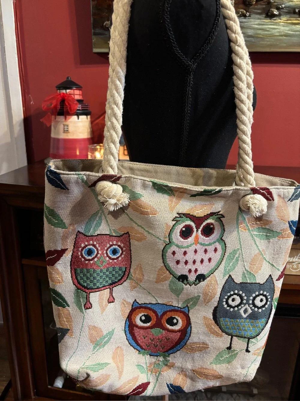 Canvas Owl Tote Bag in Multi-Color